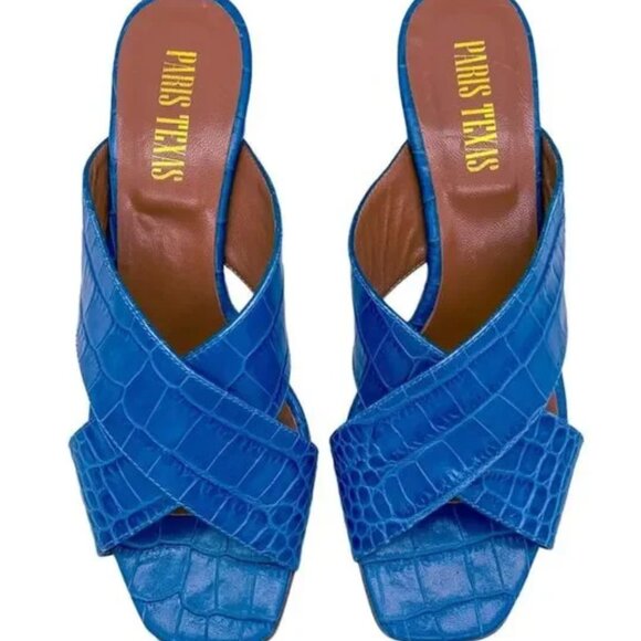 Paris Texas Shoes - Paris Texas -- Croc Crossover Strap Mule Heeled Sandal in Ocean Blue -- Size 38